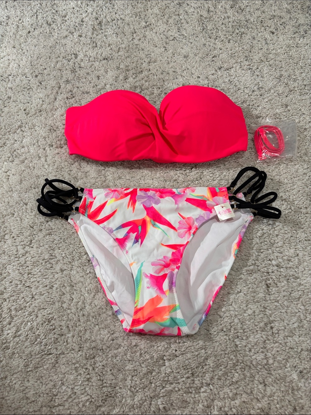PINK Victoria's Secret Hot Pink Strapless Bikini Top & Floral Side-String Bottom